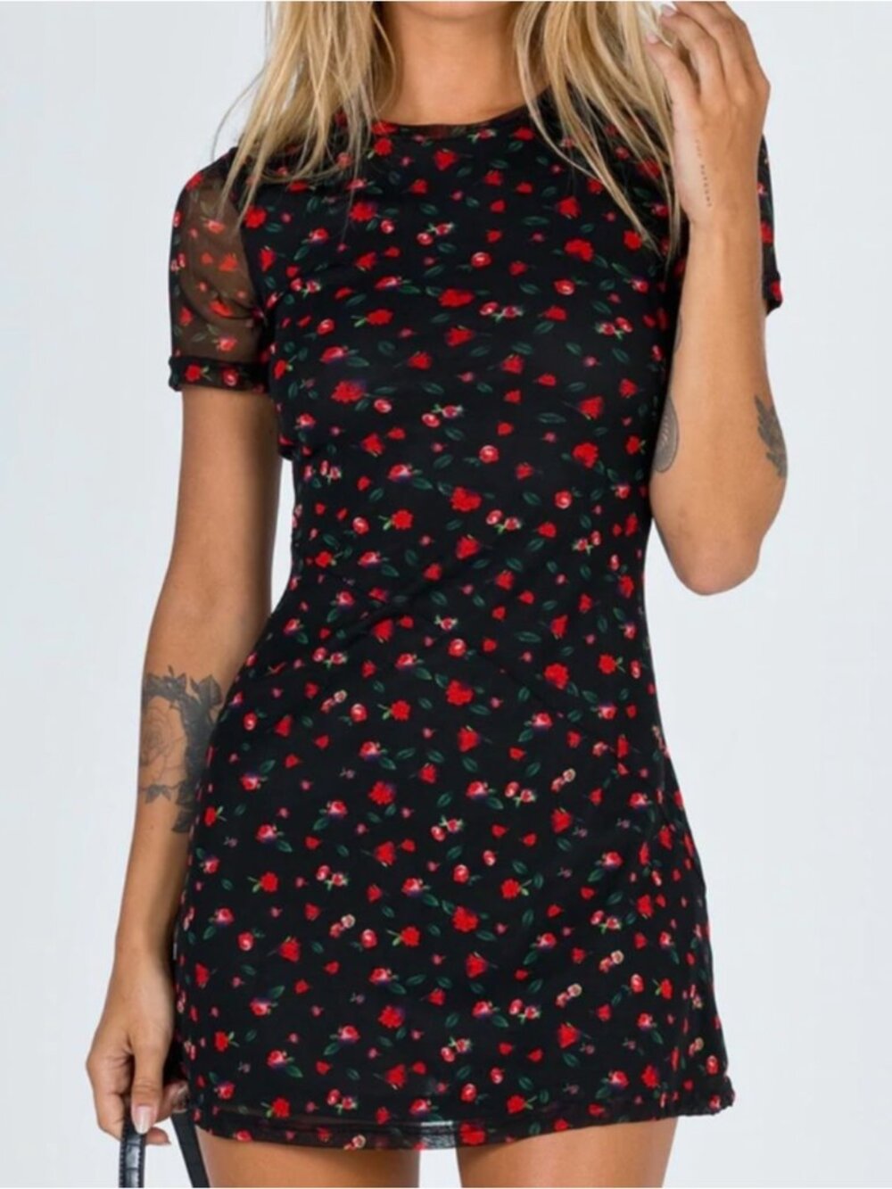 NWOT Princess Polly Black Dione Red Floral Mesh A-line Mini Slip Dress Size 6